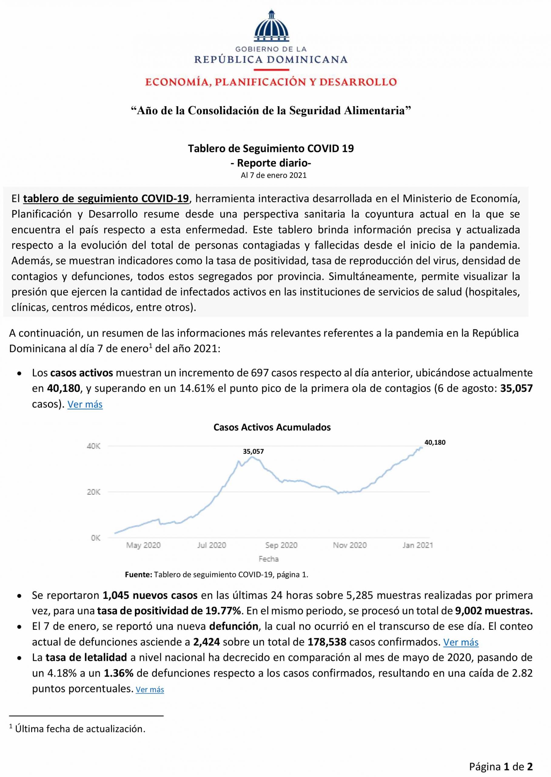 Tablero de Seguimiento COVID 19 – Reporte diario –  Al 7 de enero 2021