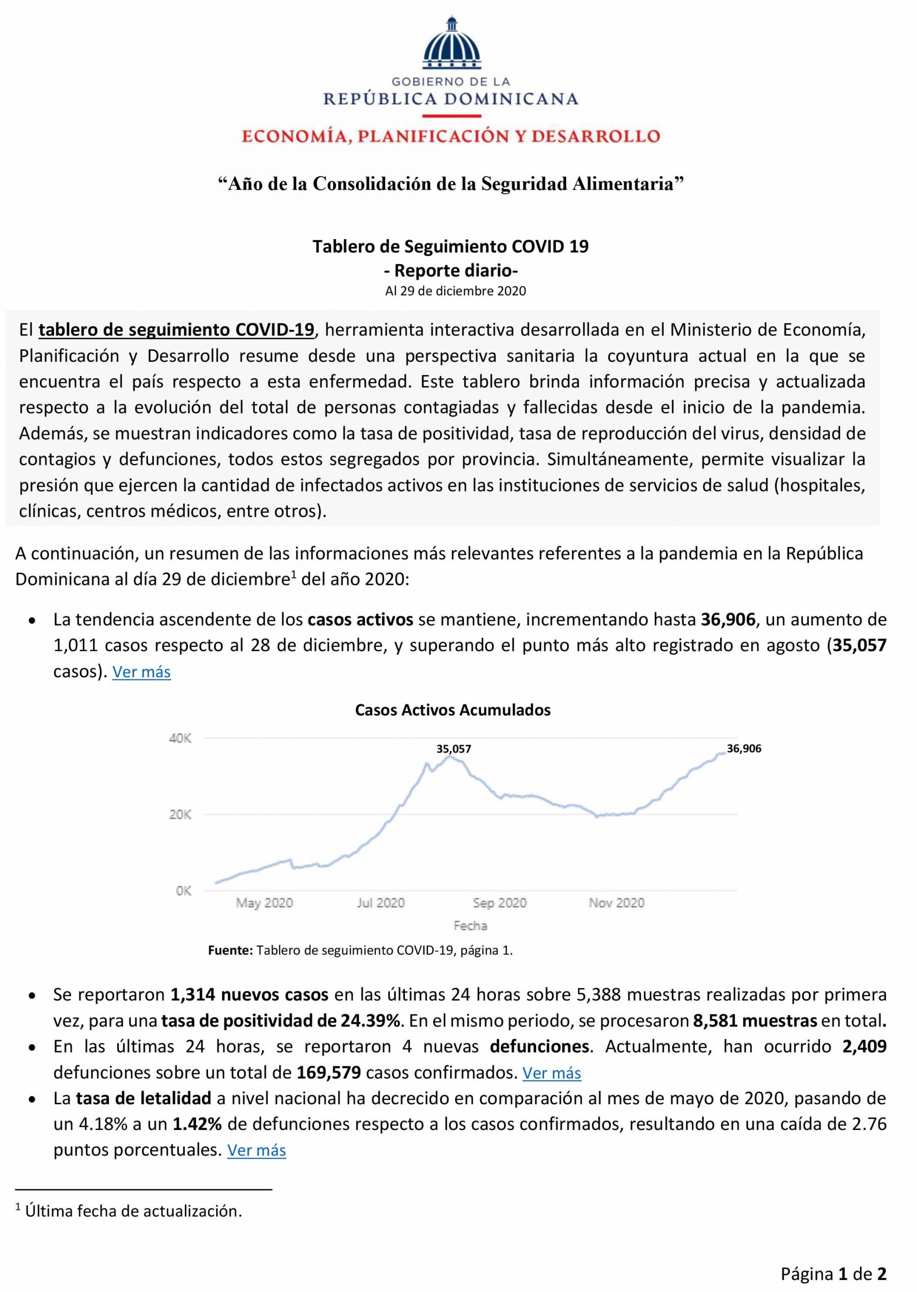 Tablero de Seguimiento COVID 19 – Reporte diario –  Al 29 de diciembre 2020