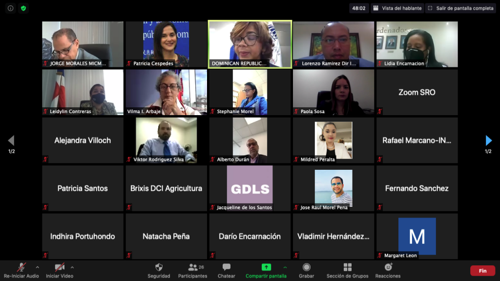 La viceministra de Cooperación Internacional del ministerio de Economía, Planificación y Desarrollo, Olaya Dotel, participa de manera virtual en la presentación programa de apoyo para la mejora del aprovechamiento de CARIFORUM de los compromisos asumidos en el Acuerdo de Asociación Económica (EPA) del 11º FED, le acompaña la directora de Cooperación Regional, Lidia Encarnación, en pantalla parte de los participantes. 