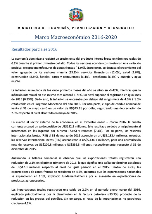 Marco macroeconómico 2016-2020 – junio 2016