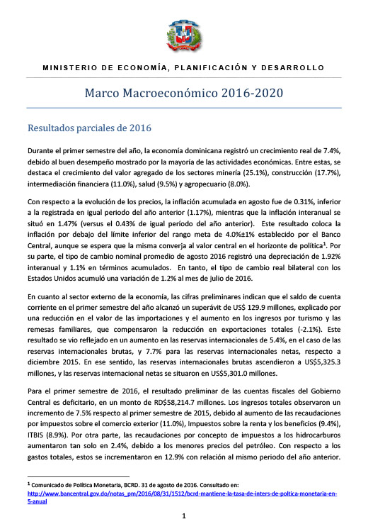 Marco macroeconómico 2016-2020– septiembre 2016
