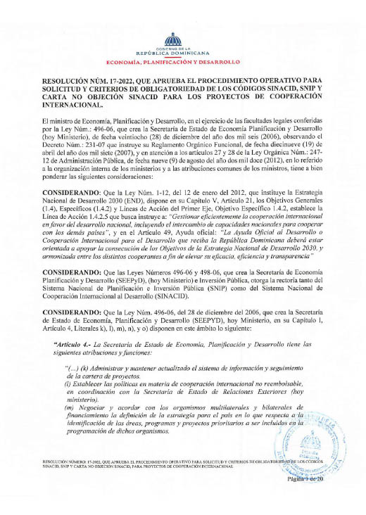 Resolución No Objeción SINACID