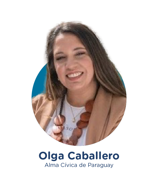 Olga Caballero es psicóloga social con más de 15 años de experiencia en metodologías participativas y fortalecimiento democrático. Cofundadora y actual Directora Ejecutiva de Alma Cívica, lidera una plataforma que fomenta una red de ciudadanos comprometidos con el bien común, orientada al fortalecimiento democrático y un ecosistema político no partidario en Paraguay. En Alma Cívica, Olga impulsa programas como la Incubadora de Políticas Públicas Locales, la Escuela Política y de Liderazgo Público, Conquista Joven, y Jajapo Democracia y el Laboratorio de Ciudad, enfocados en la participación ciudadana y el liderazgo local. Anteriormente, fue Directora General de TECHO Paraguay, donde lideró proyectos para mejorar condiciones en asentamientos populares. Ha trabajado estrechamente con comunidades y gobiernos locales para fomentar un entorno de resiliencia democrática y colaboración. Es cofundadora del colectivo En Común Paraguay, dedicado a la revitalización urbana y participación ciudadana, y de la Red de Apoyo a Asentamientos Paraguay. Además, forma parte del Consejo Directivo de Sendas Paraguay y del Colegio de Organizaciones de la Sociedad Civil de Paraguay, y colabora con UNICEF y Voces Vitales. Olga ha completado programas de Liderazgo e Innovación en Gobierno en Georgetown y un Diplomado de Liderazgo Transformador de la CAF. Su compromiso con la participación ciudadana y la transformación social sigue siendo el motor de su trabajo, buscando siempre un impacto positivo en la sociedad.