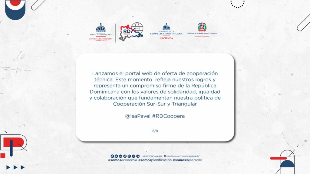 El lanzamiento oficial de nuestro portal web de oferta de cooperación técnica #RDCoopera refleja nuestros logros y representa un compromiso firme de la República Dominicana con los valores de solidaridad, igualdad y colaboración que fundamentan nuestra política de Cooperación Sur-Sur y Triangular 